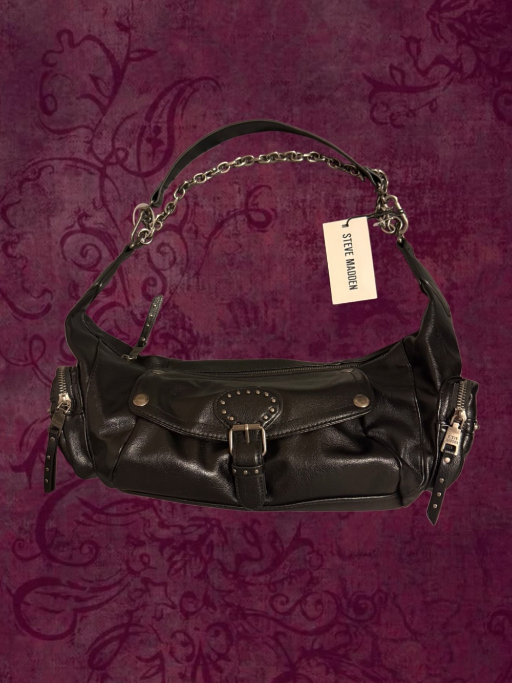 Steve Madden Black Studded Leather Shoulder Bag with Chain Strap